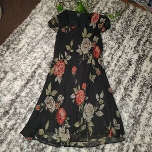 American Angel black dress with rose sheer fabric and cap sleeves